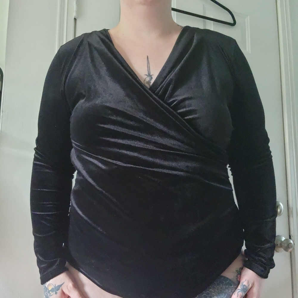 Black Velvet Wrap Long Sleeve Blouse